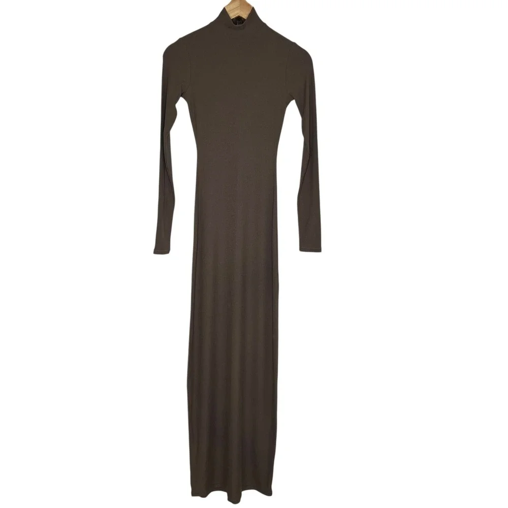 Skims Soft Lounge Amethyst Taupe Ribbed Mock Neck Long Sleeve Maxi Dress SZ S - Picture 2 of 13